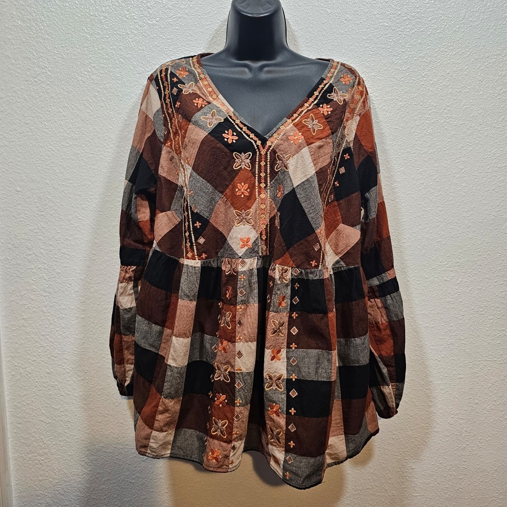 Savanna Jane Black Brown Cream Plaid Embroidered V-Neck Peasant Blouse